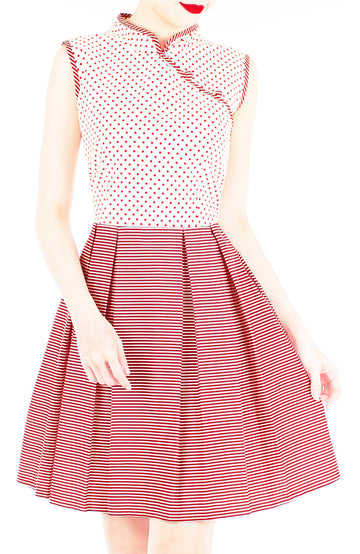 Fujisan Dots & Stripes Cheongsam Dress - Cream